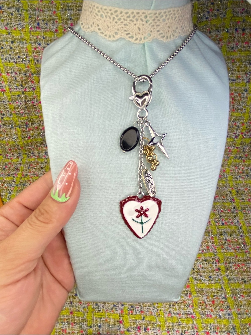 A great Handcrafted Red White Heart Charm Pendant Necklace - Women Jewelry